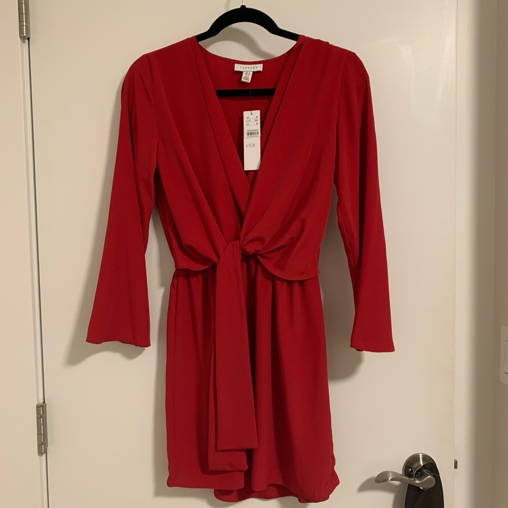 Topshop red long sleeve chiffon dress